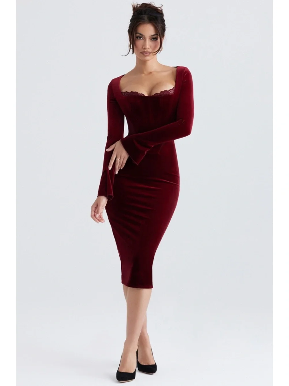 NEW House of CB Solaine Velvet Dress Wine Large